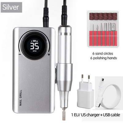 Burghiu profesional pentru unghii reîncărcabil 35000 RPM pentru mașină acrilică cu mașină portabilă de găurit unghii manichiură pedichiură cu 6 biți