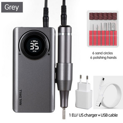 Burghiu profesional pentru unghii reîncărcabil 35000 RPM pentru mașină acrilică cu mașină portabilă de găurit unghii manichiură pedichiură cu 6 biți