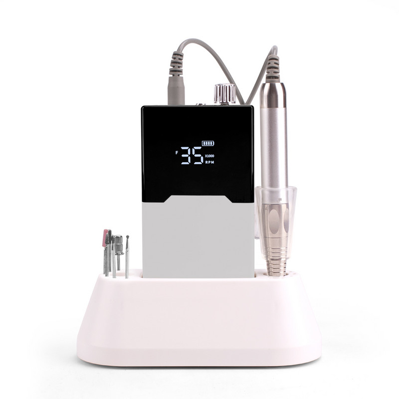Τρυπάνι λεπτού σώματος Τρυπάνι νυχιών χωρίς ψήκτρες Επαναφορτιζόμενη βάση επιτραπέζιου υπολογιστή 35000RPM Ακανόνιστη λίμα νυχιών ηλεκτρικής μηχανής Ασύρματο