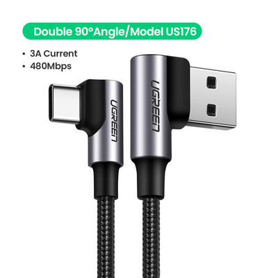 Ugreen 3A USB Type C Cable Quick Charge 3.0 90 Degree Cable USB C for Samsung S20 Xiaomi Poco X3 pro Mobile Phast Charger