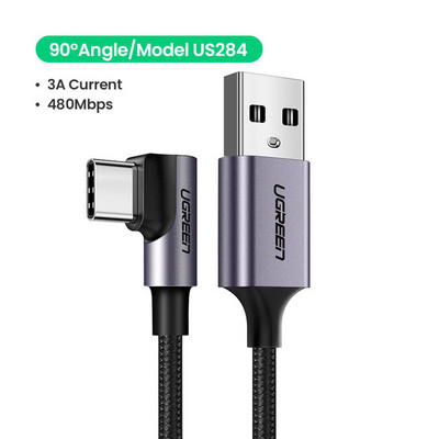 Ugreen 3A USB Type C Cable Quick Charge 3.0 90 Degree Cable USB C for Samsung S20 Xiaomi Poco X3 pro Mobile Phast Charger