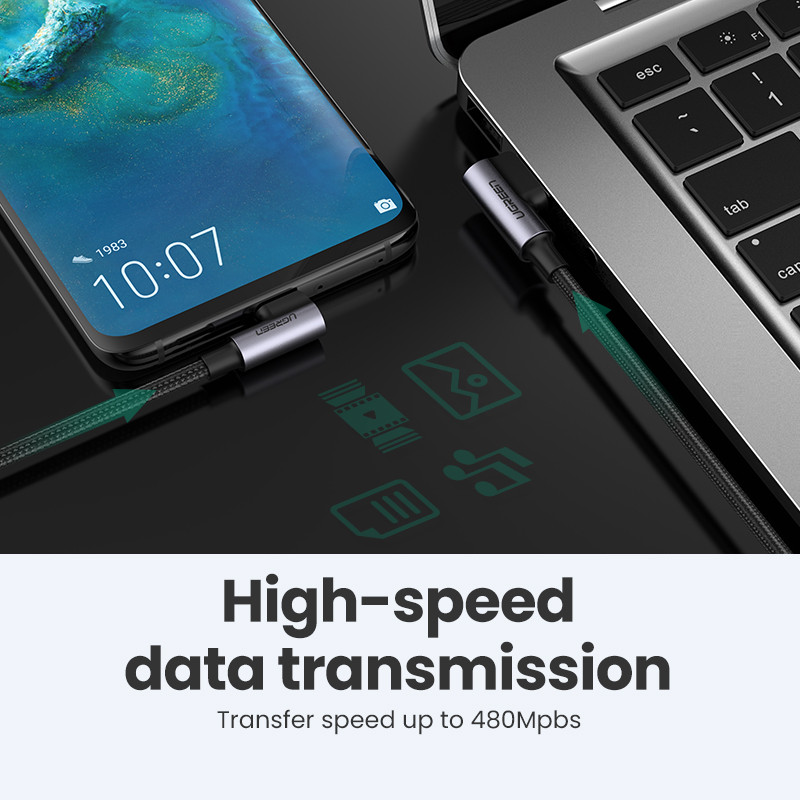 Ugreen 3A USB Type C Cable Quick Charge 3.0 90 Degree Cable USB C for Samsung S20 Xiaomi Poco X3 pro Mobile Phast Charger
