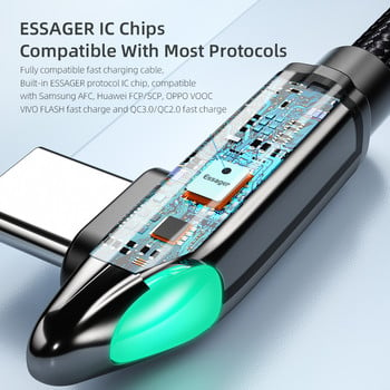 Essager 6A 66W USB Type C кабел за Huawei Mate 40 Pro Samsung LED 5A Бързо зареждане USB-C USBC зарядно 90 градуса кабел Кабел за данни