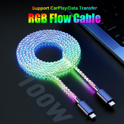 RGB кабел за бързо зареждане 100 W дишаща светлина 66 W тип C USB C кабел за данни за iPhone Samsung Huawei 30 W бързо зареждане за Xiaomi