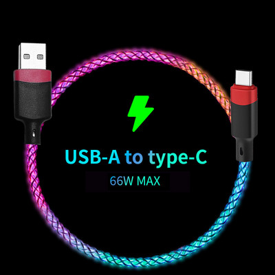 Greito įkrovimo RGB laidas 100W kvėpuojantis šviesos 66W tipo C USB C duomenų kabelis skirtas iPhone Samsung Huawei 30W greitas įkrovimas, skirtas Xiaomi