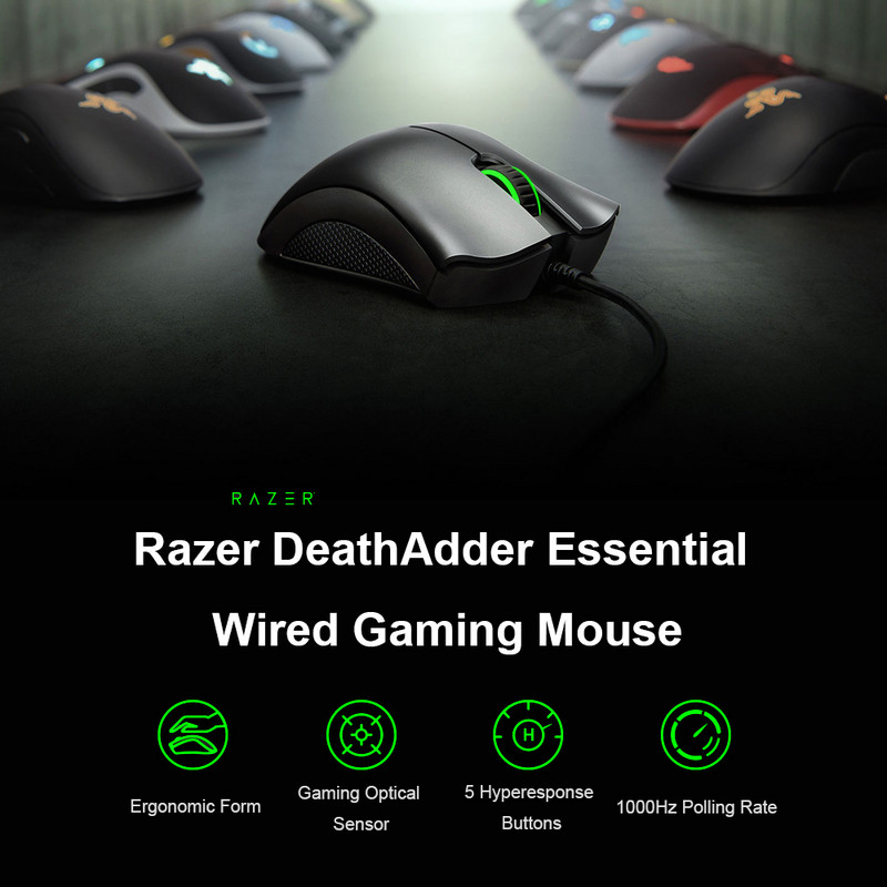 Herná drôtová myš Razer DeathAdder Essential, ergonomická profesionálna optická myš s 6400 DPI pre počítač a notebooky