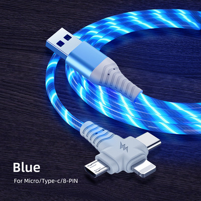 3 viename LED šviečiantis mikro USB C tipo švytintis įkrovimo laidas, skirtas iPhone 13 12 11 Pro Huawei Xiaomi Note mobiliojo telefono įkroviklio laidas