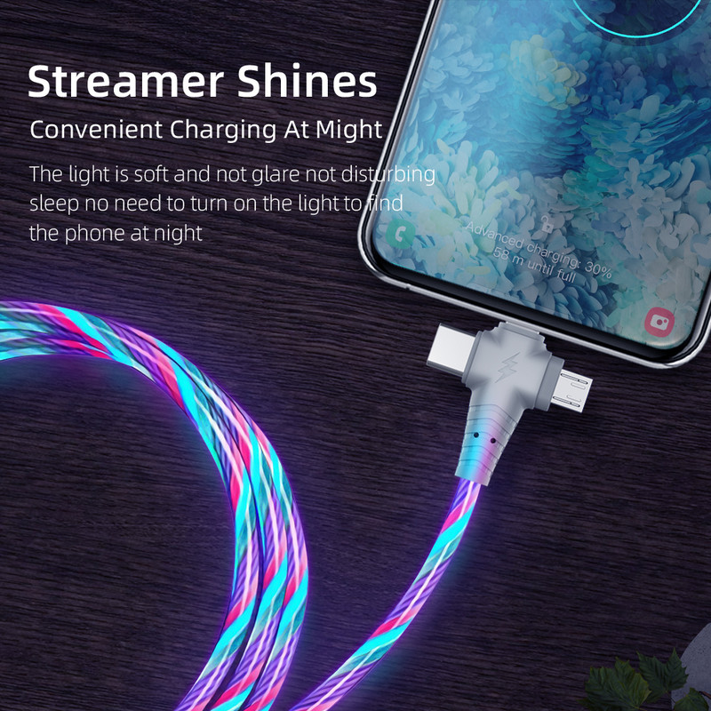 3 viename LED šviečiantis mikro USB C tipo švytintis įkrovimo laidas, skirtas iPhone 13 12 11 Pro Huawei Xiaomi Note mobiliojo telefono įkroviklio laidas