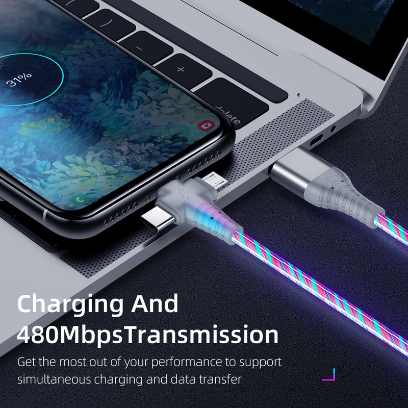 3 viename LED šviečiantis mikro USB C tipo švytintis įkrovimo laidas, skirtas iPhone 13 12 11 Pro Huawei Xiaomi Note mobiliojo telefono įkroviklio laidas