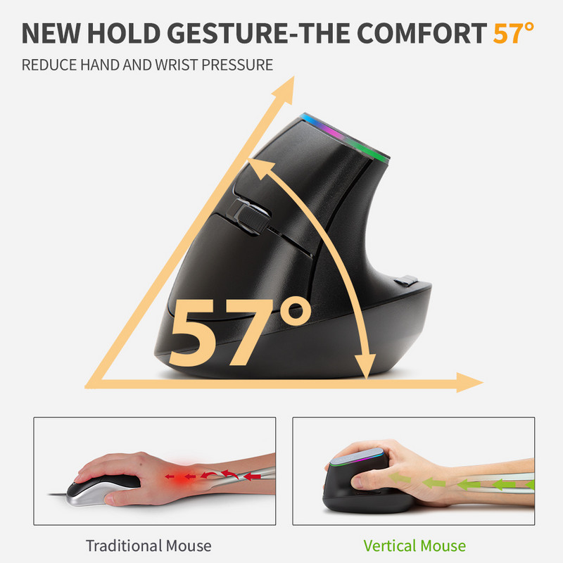 Delux M618C Bežični tihi ergonomski okomiti miš za igranje sa 6 tipki, USB prijemnik, RGB 1600 DPI, optički miševi sa za prijenosno računalo