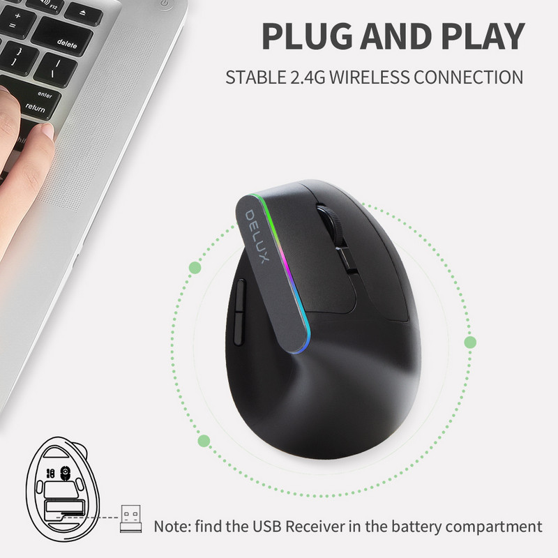 Delux M618C Bežični tihi ergonomski okomiti miš za igranje sa 6 tipki, USB prijemnik, RGB 1600 DPI, optički miševi sa za prijenosno računalo