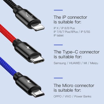 Baseus 3 в 1 USB кабел за зареждане за iPhone 12 11 Pro Max X XR Samsung S20 Xiaomi Mi 9 Huawei USB Type C Micro USB кабел за зареждане