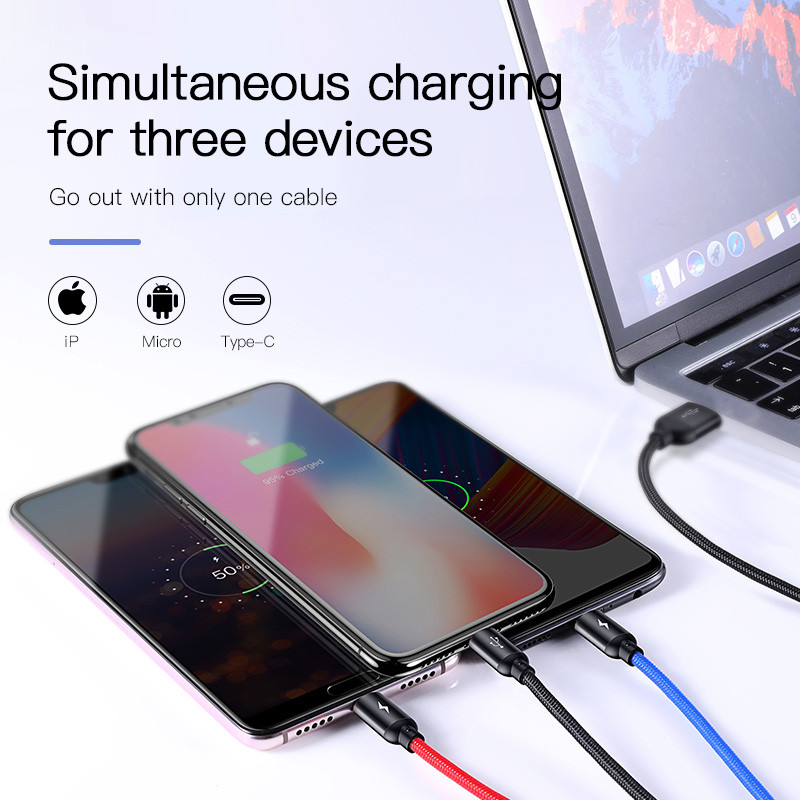 Καλώδιο φόρτισης USB Baseus 3 σε 1 για iPhone 12 11 Pro Max X XR Samsung S20 Xiaomi Mi 9 Huawei USB Type C Καλώδιο φόρτισης Micro USB