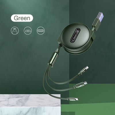 3 az 1-ben visszahúzható USB-kábel gyorstöltő 3A 2 az 1-ben adatkábel vezeték vezeték Type-C Micro iOS-hez, Samsung iPhone-hoz Huawei Xiaomi