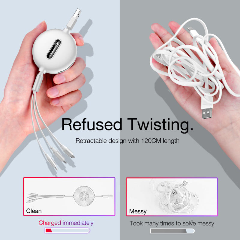 3 az 1-ben visszahúzható USB-kábel gyorstöltő 3A 2 az 1-ben adatkábel vezeték vezeték Type-C Micro iOS-hez, Samsung iPhone-hoz Huawei Xiaomi