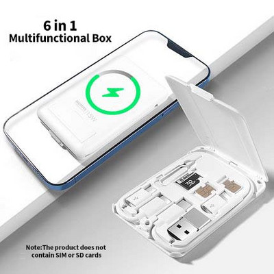 Remax 6v1 bezdrôtový nabíjací kábel Micro USB Lightning Type-C, sada, úložný box pre iPhone, Huawei, Xiaomi s držiakom