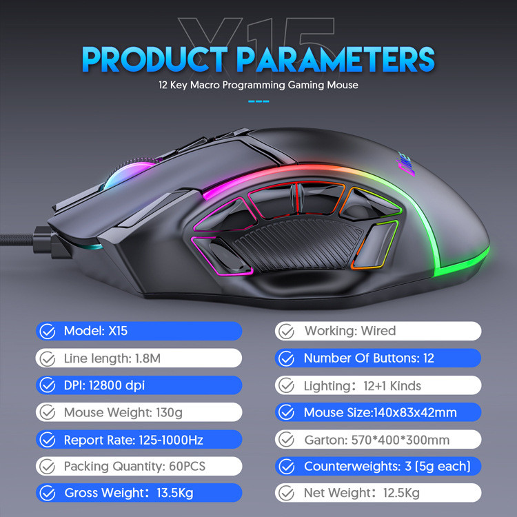 X15 Free Weight Macro Gaming Mouse 12 Programmable Keys Game Mouse RGB Light Max σε 6 επίπεδα 12800DPI Για pc mac gun Φορητός υπολογιστής PUBG