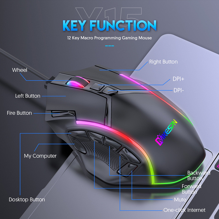 X15 Free Weight Macro Gaming Mouse 12 Programmable Keys Game Mouse RGB Light Max σε 6 επίπεδα 12800DPI Για pc mac gun Φορητός υπολογιστής PUBG