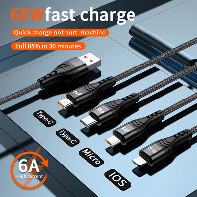 6A 4 σε 1 Καλώδιο USB C Καλώδιο φόρτισης Καλώδιο φόρτισης Micro USB για iPhone 13 12 11 Huawei Xiaomi Samsung Lightning Cable Καλώδιο δεδομένων