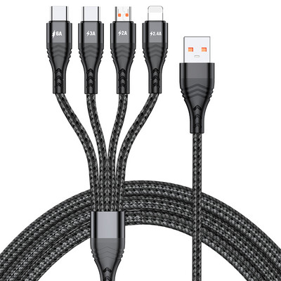 6A 4 σε 1 Καλώδιο USB C Καλώδιο φόρτισης Καλώδιο φόρτισης Micro USB για iPhone 13 12 11 Huawei Xiaomi Samsung Lightning Cable Καλώδιο δεδομένων