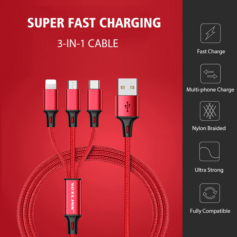 VOXLINK USB kabel za punjenje 3 u 1 Micro USB Type C Kabel za punjenje s više priključaka za Samsung Xiaomi Huawei Apple Lightning Wire kabel