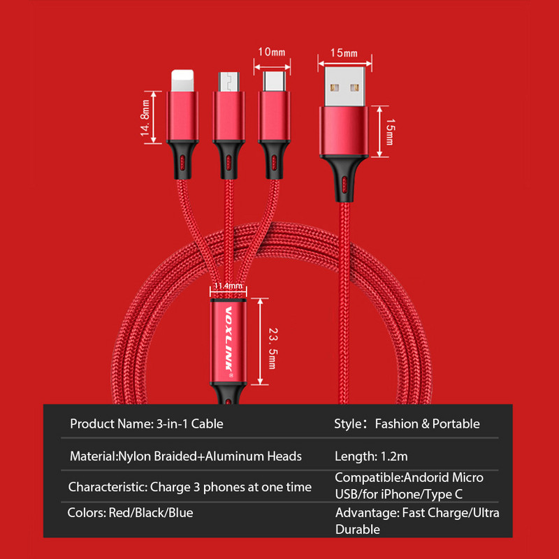 VOXLINK USB kabel za punjenje 3 u 1 Micro USB Type C Kabel za punjenje s više priključaka za Samsung Xiaomi Huawei Apple Lightning Wire kabel