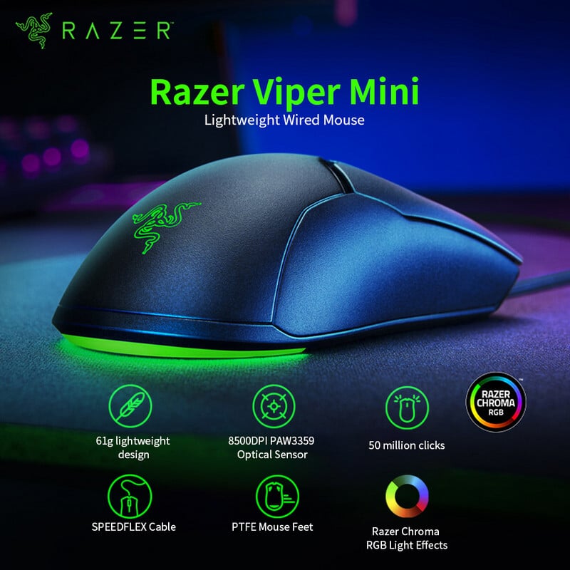 Razer Viper Mini Gaming Mouse 61g Ελαφρύ PAW3359 Optical Sensor Chroma RGB Ενσύρματο ποντίκι SPEEDFLEX Cable 8500DPI Ποντίκια