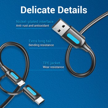 Vention 2 в 1 USB Type C кабел за Xiaomi Mi 9 3A USB кабел за бързо зареждане за Samsung Galaxy S10 S9 Plus Huawei Micro USB кабел