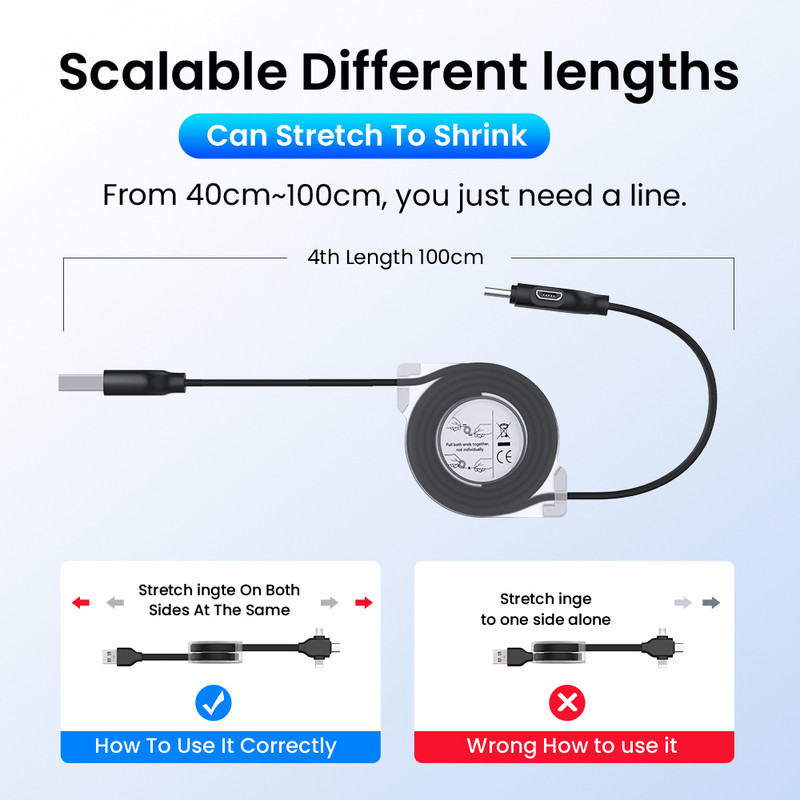 2M 3 v 1 USB nabíjací kábel pre iPhone 13 12 11 XS XR Micro USB Type-C kábel, zaťahovací prenosný mini nabíjací kábel Powerbak 1M