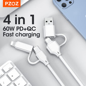 PZOZ 4 σε 1 Καλώδιο USB 60W Καλώδιο τύπου C για iPhone 13 12 11 Pro Max 3 σε 1 Καλώδιο USB C PD 3A Για Samsung Xiaomi USBC καλώδιο φόρτισης