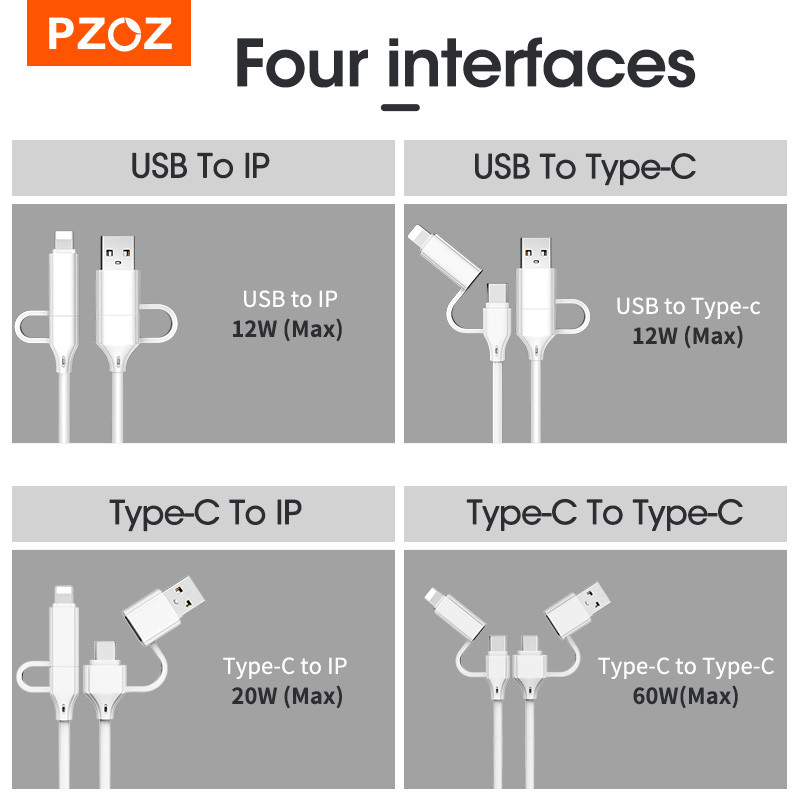 PZOZ 4 σε 1 Καλώδιο USB 60W Καλώδιο τύπου C για iPhone 13 12 11 Pro Max 3 σε 1 Καλώδιο USB C PD 3A Για Samsung Xiaomi USBC καλώδιο φόρτισης