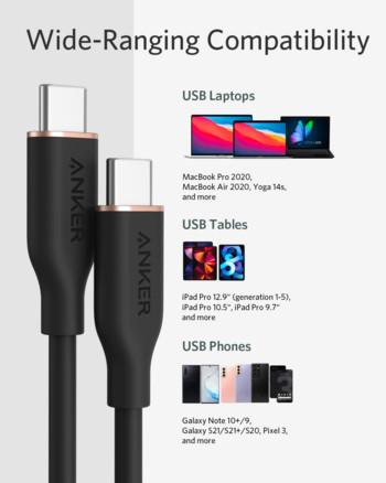 Anker Powerline III Flow, USB C към USB C кабел 100W 3 фута, USB 2.0 Type C кабел за зареждане, бързо зареждане за MacBook Pro 2020