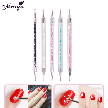 Monja 5Pcs/Set Dual End Nail Art Dotting Pen Акрилна линия за рисуване Flower Brush Rhinestone Crystal UV Gel Painting Инструмент за маникюр