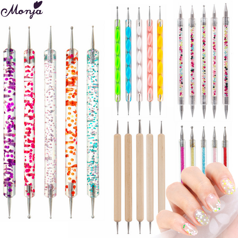 Monja 5 buc/set Dual End Nail Art Dotting Pen Liner acrilic pentru desen Perie cu flori Strass Cristal UV Gel pentru pictură Instrument de manichiură
