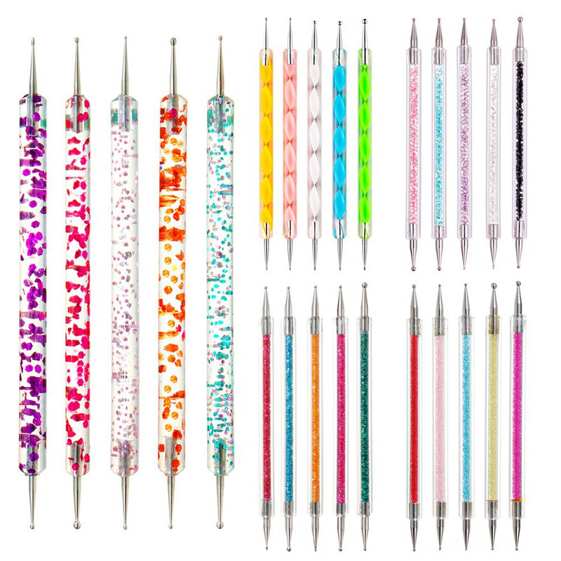 Monja 5 buc/set Dual End Nail Art Dotting Pen Liner acrilic pentru desen Perie cu flori Strass Cristal UV Gel pentru pictură Instrument de manichiură