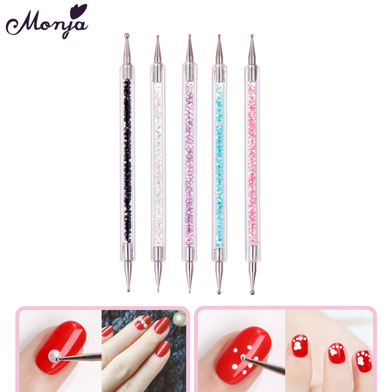 Monja 5 buc/set Dual End Nail Art Dotting Pen Liner acrilic pentru desen Perie cu flori Strass Cristal UV Gel pentru pictură Instrument de manichiură
