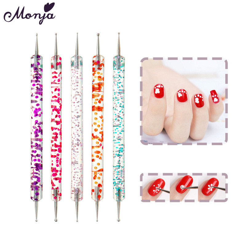 Monja 5 buc/set Dual End Nail Art Dotting Pen Liner acrilic pentru desen Perie cu flori Strass Cristal UV Gel pentru pictură Instrument de manichiură