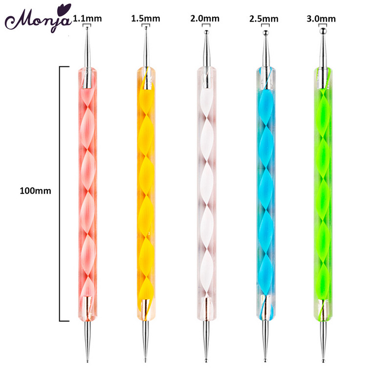 Monja 5 buc/set Dual End Nail Art Dotting Pen Liner acrilic pentru desen Perie cu flori Strass Cristal UV Gel pentru pictură Instrument de manichiură