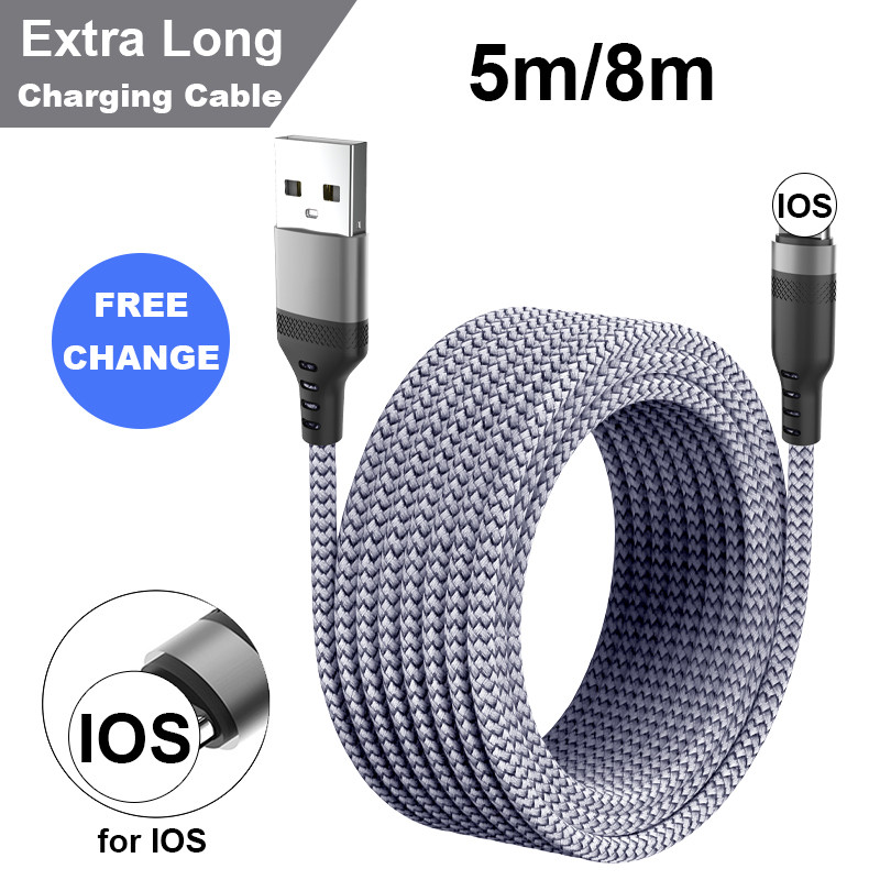 5m/8m eriti pikk laadimiskaabel iPhone'i IPad Airpodidele Samsung Huawei Xiaomi Switch SonyPS5 nailonist andmejuhtme juhtme laadija kaablid