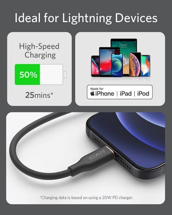 Anker USB C към Lightning кабел Powerline III Flow за iPhone 11 12 Pro Max / 12/11 AirPods кабел за зареждане на iphone кабел за дата