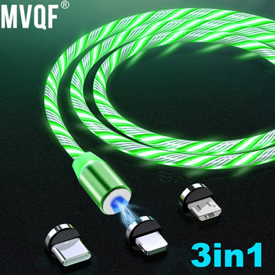 MVQF 3in1 magnētiskās plūsmas gaismas apgaismojums mobilā tālruņa lādēšanas kabeļi vada lādētāja vads priekš Xiaomi LED Micro USB C priekš iPhone