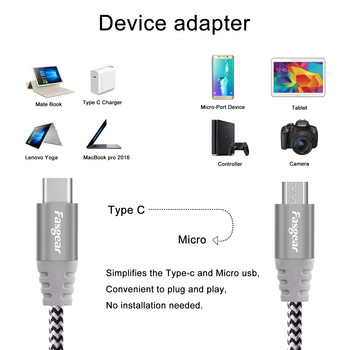 Fasgear USB C към Micro USB кабел Найлоново плетено зарядно устройство 3A USB кабел за мобилен телефон Samsung Xiaomi Redmi Huawei Кабел за зарядно устройство