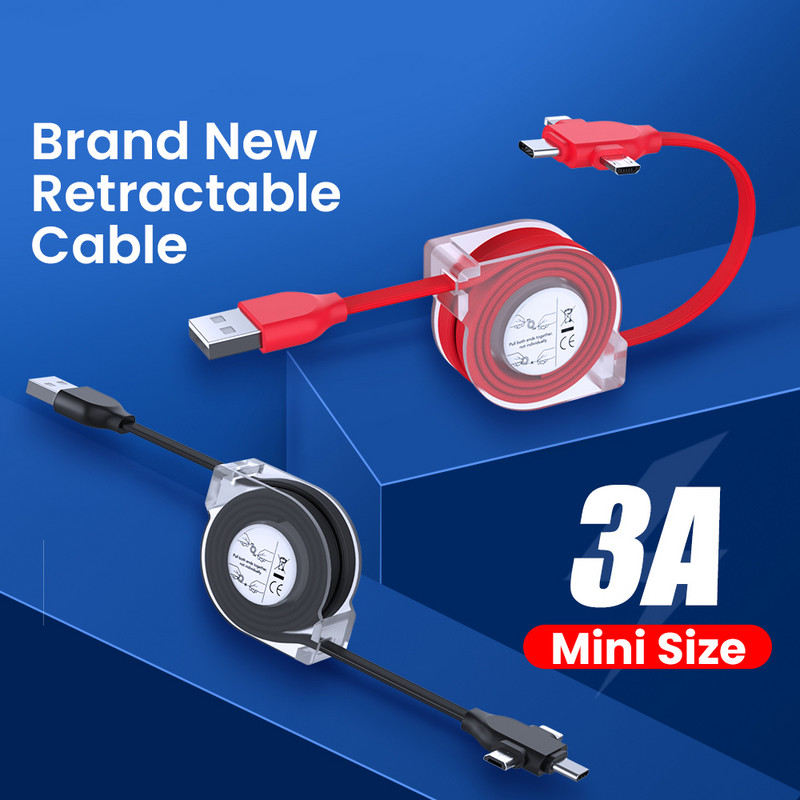 1/2m 3 u 1 USB kabel za punjenje 8 Pin/Micro USB/Type C kabel Prijenosni uvlačivi 3A kabel za brzo punjenje za iPhone 14 13 12 XS X XR