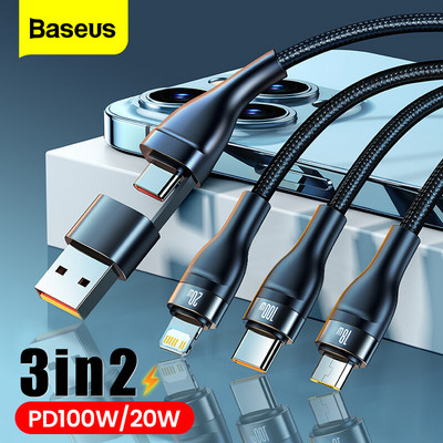 Baseus 3 u 1 USB tip C kabel PD 100 W brzo punjenje datumski kabel za iPhone 13 12 11 Pro mikro USB C žičani kabel za Macbook Xiaomi