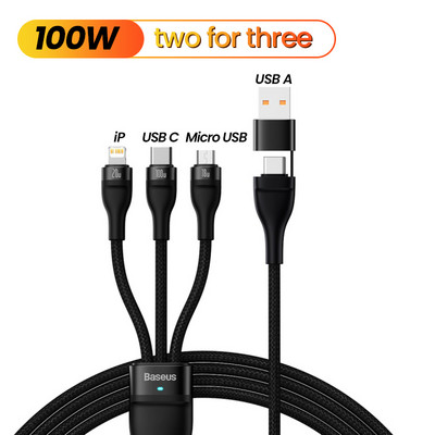 Baseus 3 σε 1 Καλώδιο USB Type C PD 100W Καλώδιο ημερομηνίας γρήγορης φόρτισης για iPhone 13 12 11 Pro Micro USB C Καλώδιο για Macbook Xiaomi