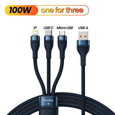 Baseus 3 σε 1 Καλώδιο USB Type C PD 100W Καλώδιο ημερομηνίας γρήγορης φόρτισης για iPhone 13 12 11 Pro Micro USB C Καλώδιο για Macbook Xiaomi