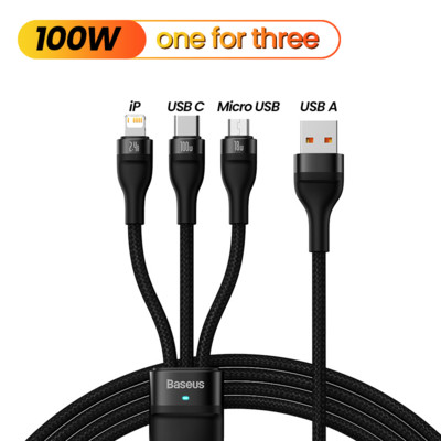 Baseus 3 σε 1 Καλώδιο USB Type C PD 100W Καλώδιο ημερομηνίας γρήγορης φόρτισης για iPhone 13 12 11 Pro Micro USB C Καλώδιο για Macbook Xiaomi