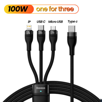 Baseus 3 σε 1 Καλώδιο USB Type C PD 100W Καλώδιο ημερομηνίας γρήγορης φόρτισης για iPhone 13 12 11 Pro Micro USB C Καλώδιο για Macbook Xiaomi