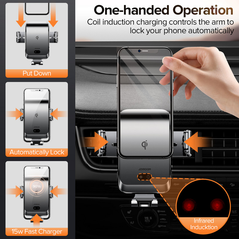 Suport pentru telefon auto 15w Încărcător rapid fără fir pentru mașină pentru ventilație de mașină Suport pentru telefon Suport inteligent cu infraroșu pentru telefon