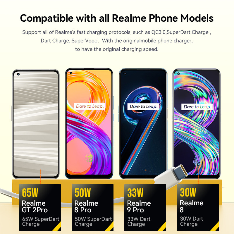 65w Realme Eredeti Type C USB kábel telefon 50W 6.5A Fast Super Dart Charge Oppo Vooc Real Me 7 8 8i 9 Pro 9i X50 GT GT2 C31 Tipo